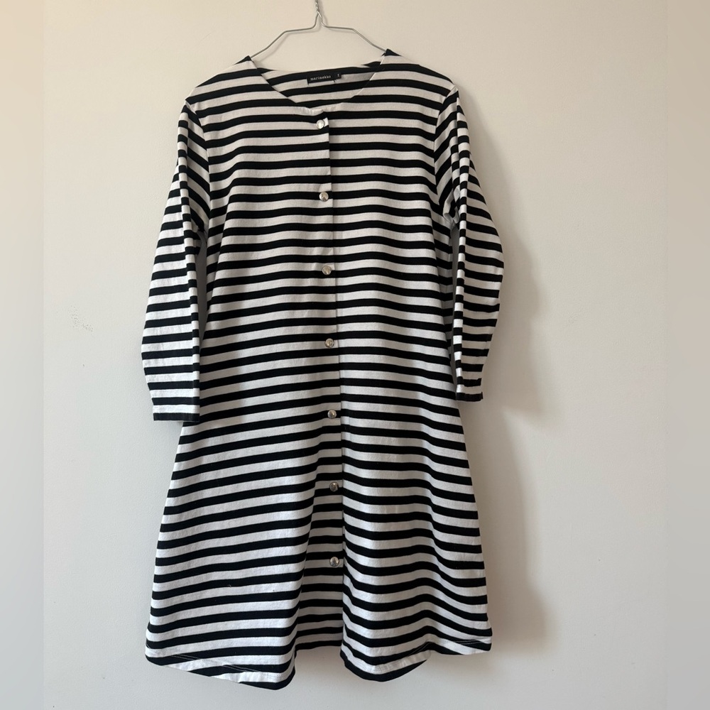 Marimekko Black & White Striped Snap Button-Front Dress with Pockets